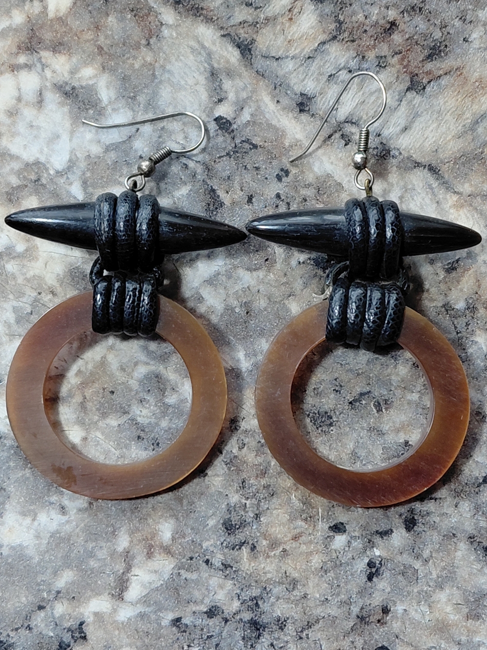 Tribal Brown Horn Hoop with Black Spike and Black Rope Dangle Vintage Earrings